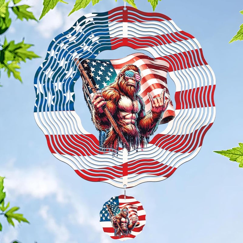INCOK Big Foot Wind Spinners Outdoor - Bigfoot Gifts for Men, Bigfoot American Flag Wind Chime for Outside, Hanging Metal Wind Sculptures for Garden Indoor Patio Lawn Yard, Veterans Day - Image 1